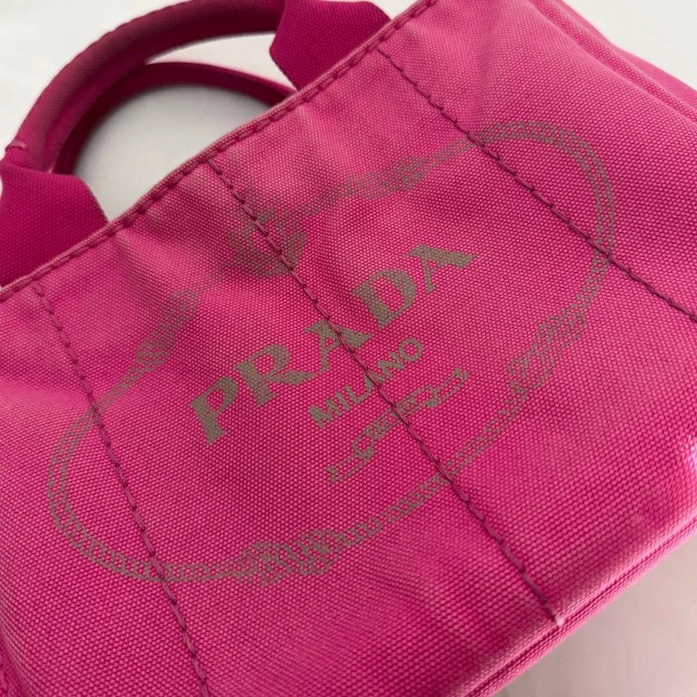 Y2K Iconic Prada Canapa Mini Pink Tote Bag Small Canvas Logo Adjustable Strap